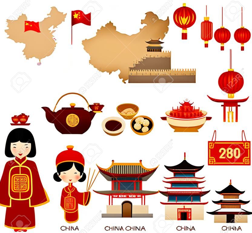 Die Reise nach China. Set von Symbolen der chinesischen Architektur, Essen, Kostüme, traditionelle Symbole. Auflistung der Abbildung nach China zu führen.