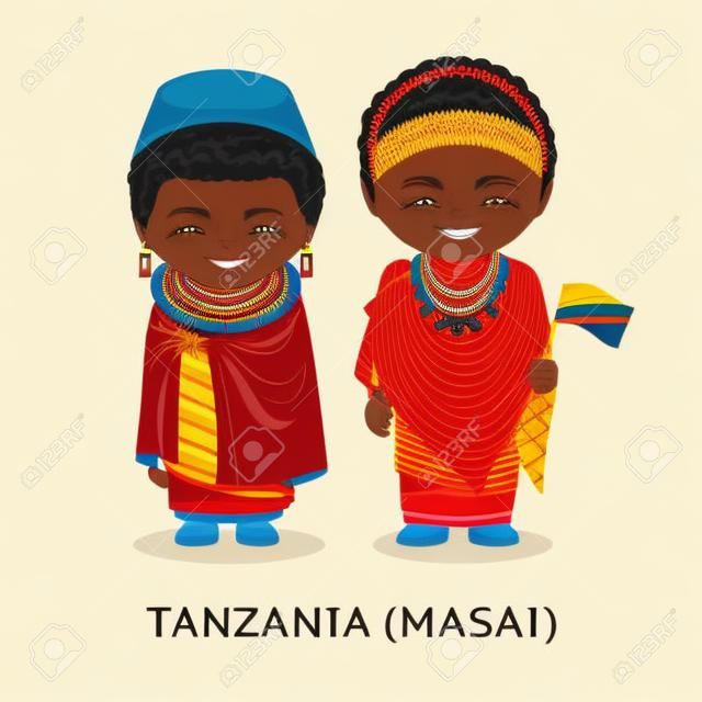 Masai. Tanzanians in national clothes with a flag. Man and woman in traditional costume. Travel to Tanzania. People. Vector flat illustration.
