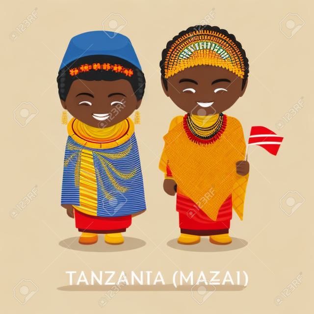 Masai. Tanzanians in national clothes with a flag. Man and woman in traditional costume. Travel to Tanzania. People. Vector flat illustration.