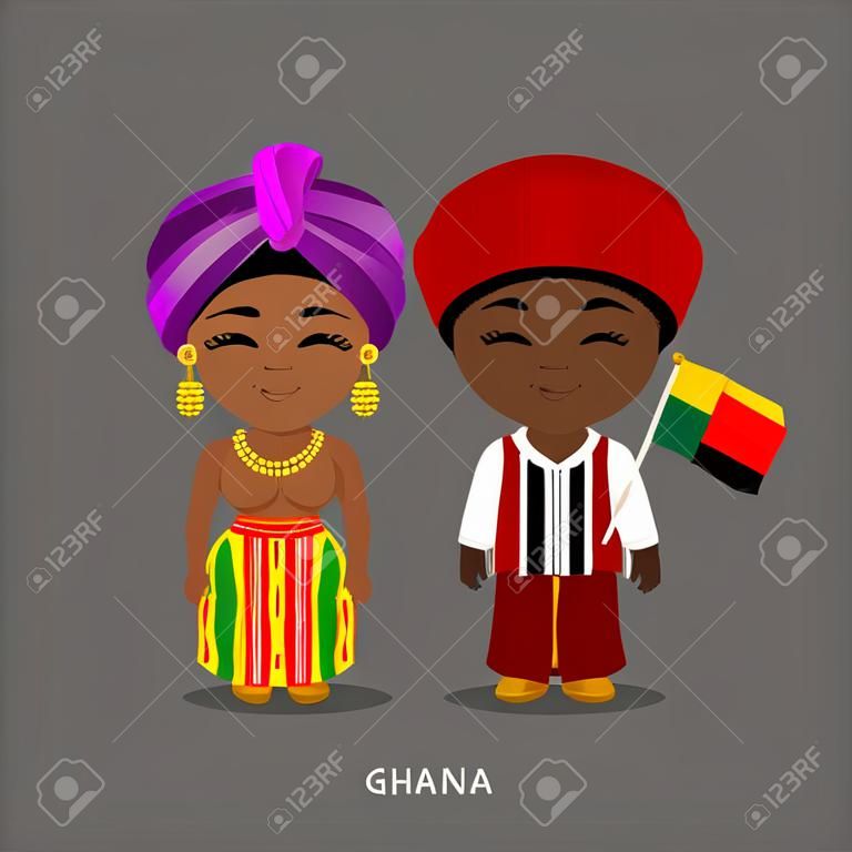 Ghanaer in nationaler Kleidung mit einer Flagge. Mann und Frau in Tracht. Niedliche Comicfiguren. Reise nach Ghana. Menschen. Flache Vektorgrafik.