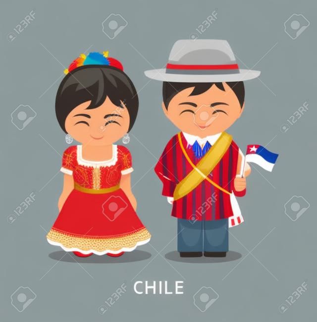 Chiliens en tenue nationale avec un drapeau. Homme et femme en costume traditionnel. Voyage au Chili. Gens. Plate illustration vectorielle.