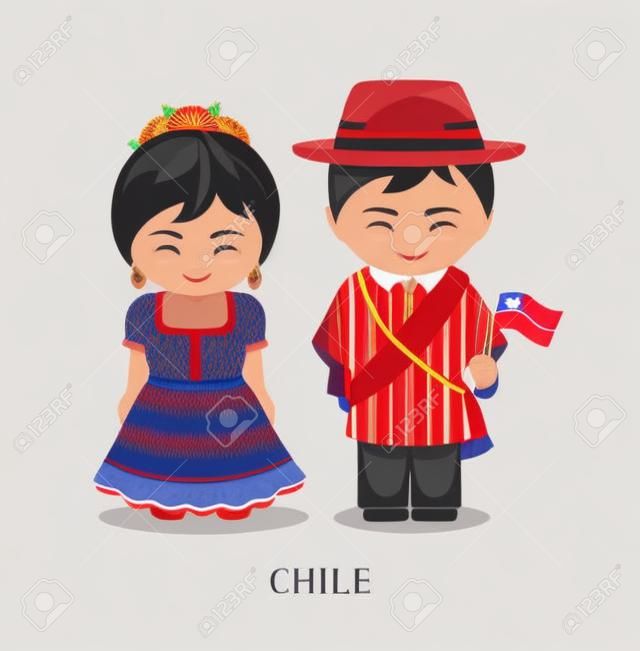 Chileiek nemzeti ruhában, zászlóval. Férfi és nő népviseletben. Utazás Chilébe. Emberek. Vektor lapos illusztráció.