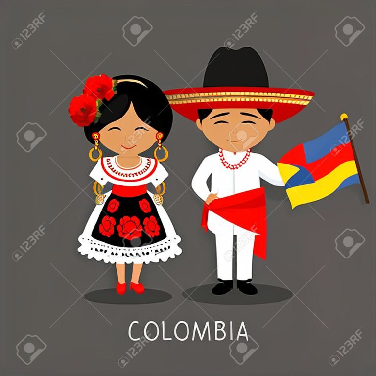 Колумбийцы в национальных костюмах с флагом. Мужчина и женщина в традиционных костюмах. Путешествие в Колумбию. Люди. Векторная иллюстрация плоский.