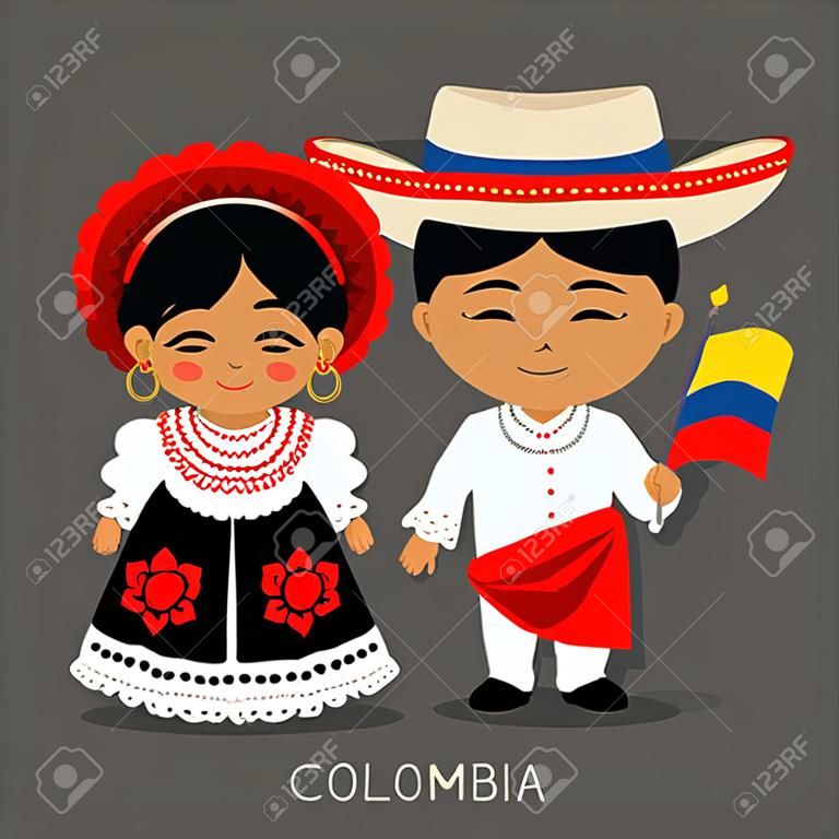 국기와 함께 국가 복장에있는 콜롬비아 사람. 남자와 여자 전통 의상. 콜롬비아 여행. 사람들. 벡터 평면 그림입니다.