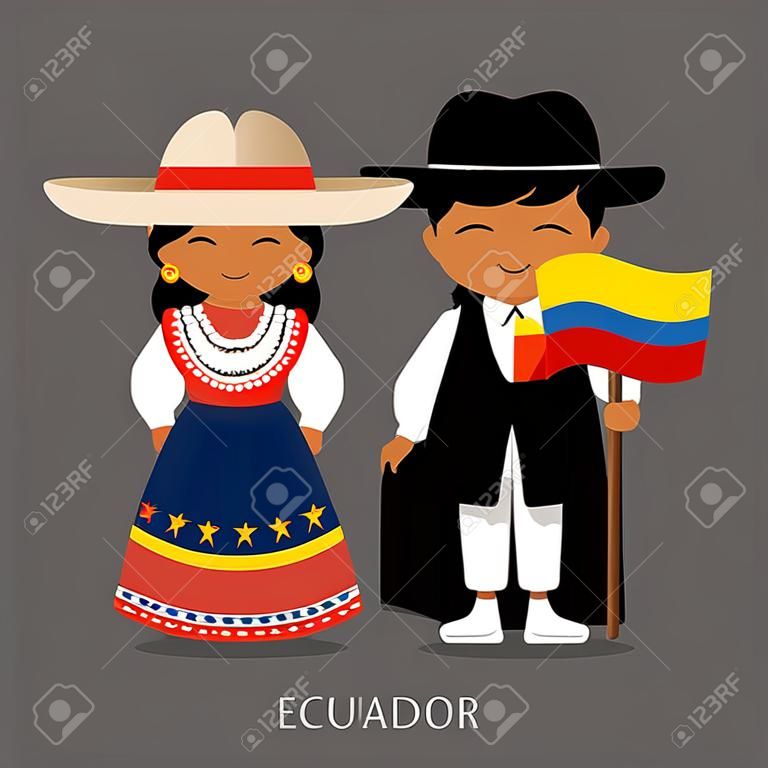 Equatorianos em vestido nacional com uma bandeira. Homem e mulher em traje tradicional. Viaje para o Equador. Pessoas. Ilustração plana do vetor.