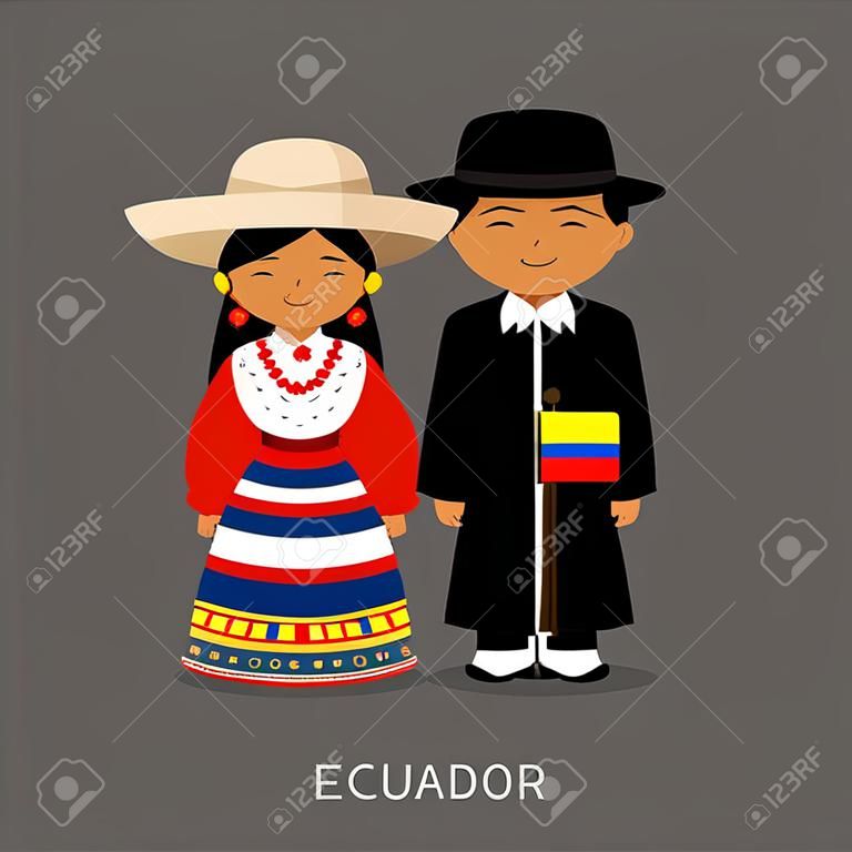 Ecuadoriani in abito nazionale con una bandiera. Uomo e donna in costume tradizionale. Viaggio in Ecuador. Persone. Vector piatta illustrazione.