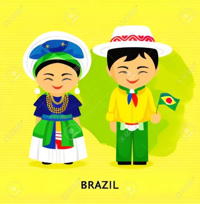 穿着民族服饰与国旗的巴西人。男人和女人穿着传统服装。前往巴西。人们。矢量平面插画。