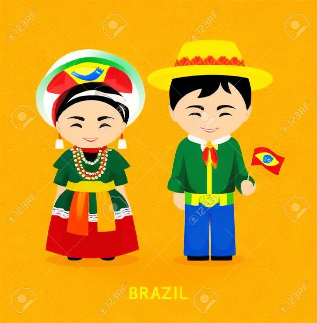 穿着民族服饰与国旗的巴西人。男人和女人穿着传统服装。前往巴西。人们。矢量平面插画。