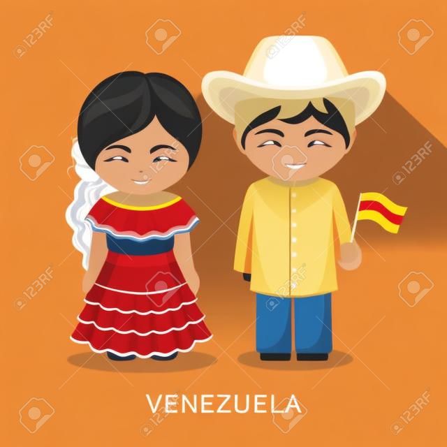 Vénézuéliens en tenue nationale avec un drapeau. Homme et femme en costume traditionnel. Voyage au Venezuela. Gens. Plate illustration vectorielle.