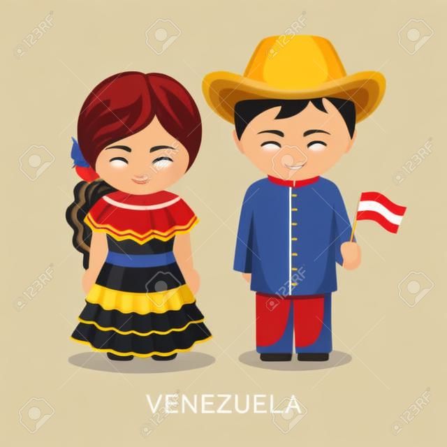 Venezolaner im nationalen Kleid mit einer Flagge. Mann und Frau in Tracht. Reisen nach Venezuela. Menschen. Flache Vektorgrafik.