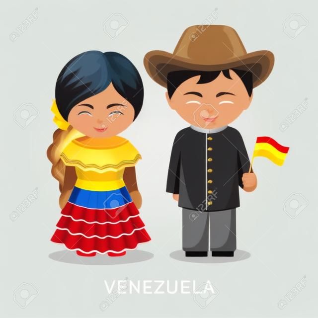 Venezolaner im nationalen Kleid mit einer Flagge. Mann und Frau in Tracht. Reisen nach Venezuela. Menschen. Flache Vektorgrafik.