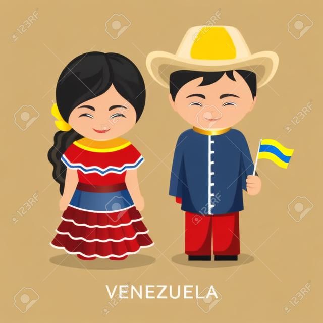 Wenezuelczycy w strojach narodowych z flagą. Mężczyzna i kobieta w tradycyjnych strojach. Podróż do Wenezueli. Ludzie. Płaskie ilustracji wektorowych.