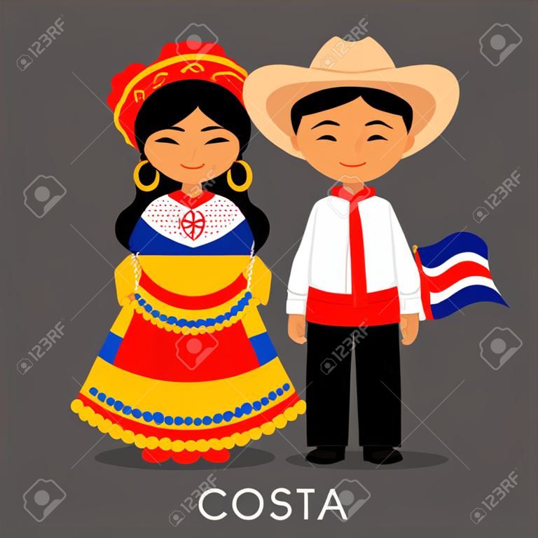 国旗を持つ国民服を着たコスタリカ人。伝統的な衣装を着た男女。コスタリカへの旅行。人々。ベクター フラットの図。