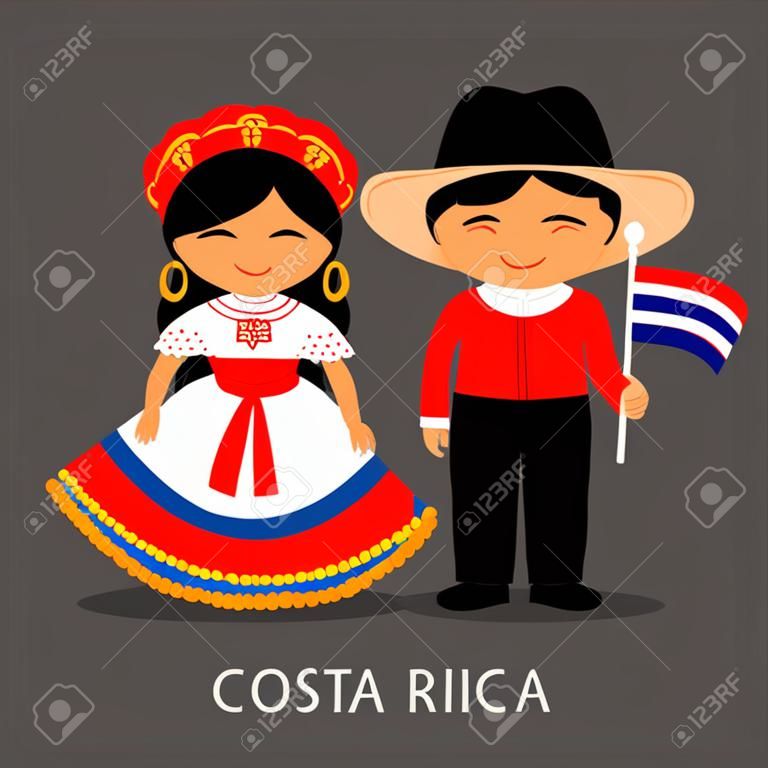 国旗を持つ国民服を着たコスタリカ人。伝統的な衣装を着た男女。コスタリカへの旅行。人々。ベクター フラットの図。