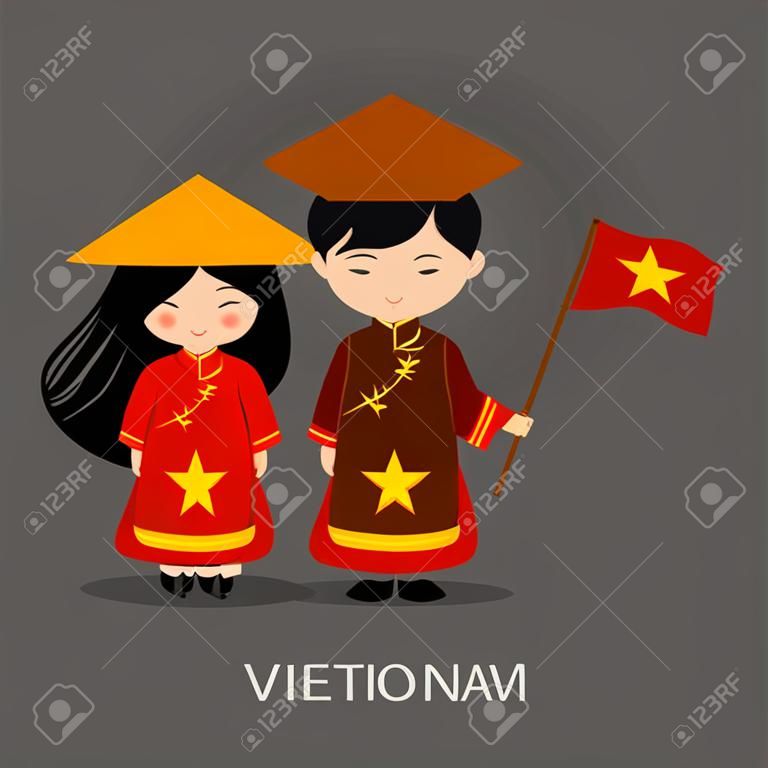 Vietnamita in abito nazionale con una bandiera. Uomo e donna in costume tradizionale. Viaggia in Vietnam. Persone. Vector piatta illustrazione.