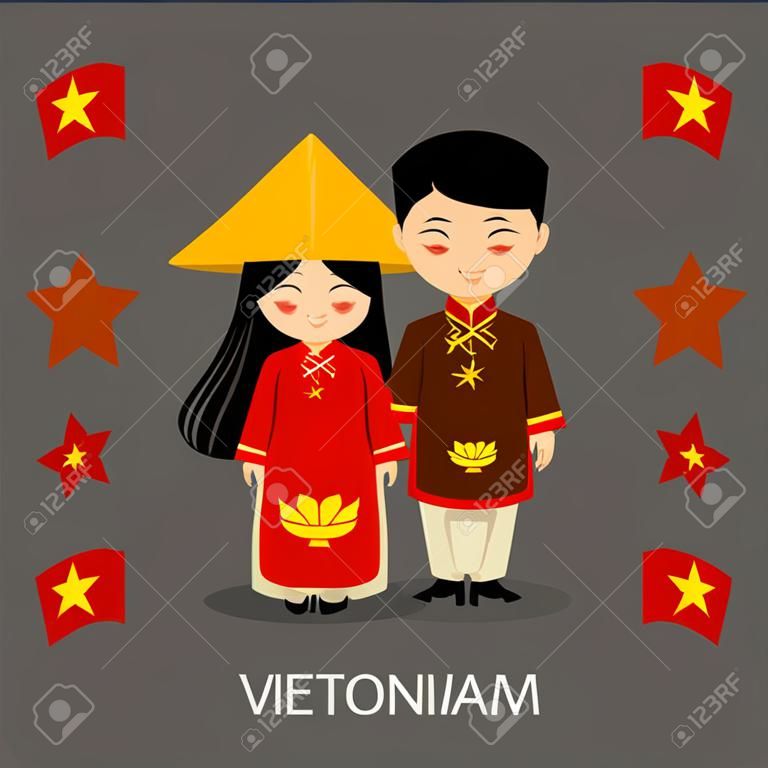 Vietnami nemzeti ruhában, zászlóval. Férfi és nő népviseletben. Utazás Vietnamba. Emberek. Vektor lapos illusztráció.