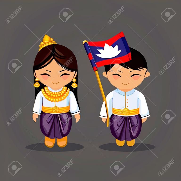 Cambodians in national dress with a flag. Man and woman in traditional costume. Travel to Cambodia. People. Vector flat illustration.