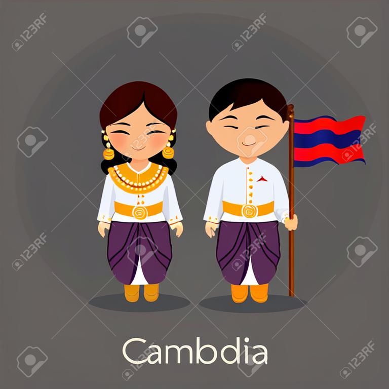 柬埔寨人在民族服飾與一面旗幟。男人和女人穿著傳統服裝。前往柬埔寨。人們。矢量平面插畫。
