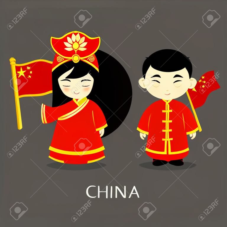 Chińczyk w stroju ludowym z flagą. Mężczyzna i kobieta w tradycyjnych strojach. Podróż do Chin. Ludzie. Płaskie ilustracji wektorowych.