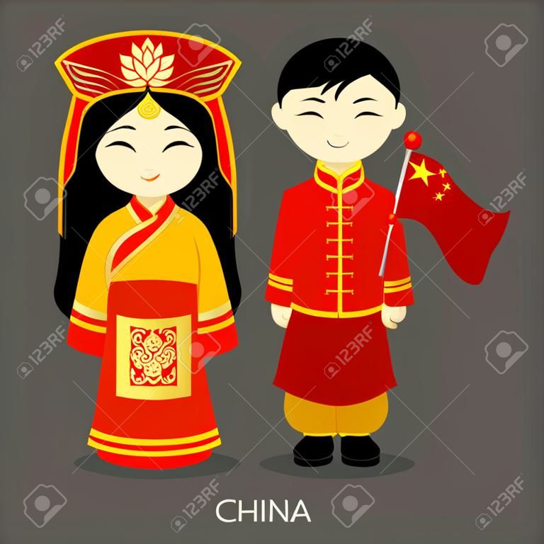 Chińczyk w stroju ludowym z flagą. Mężczyzna i kobieta w tradycyjnych strojach. Podróż do Chin. Ludzie. Płaskie ilustracji wektorowych.