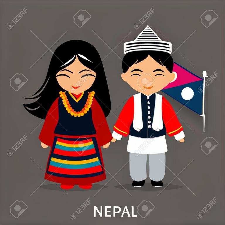 Nepalês no vestido nacional com uma bandeira. Homem e mulher no traje tradicional. Viagem ao Nepal. Pessoas. Ilustração plana do vetor.