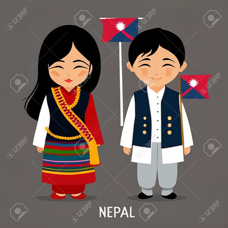 Непальец в национальной одежде с флагом. Мужчина и женщина в традиционных костюмах. Путешествие в Непал. Люди. Векторная иллюстрация плоский.