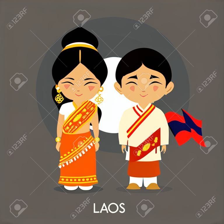Лаосцы в национальных костюмах с флагом. Мужчина и женщина в традиционных костюмах. Путешествие в Лаос. Люди. Векторная иллюстрация плоский.