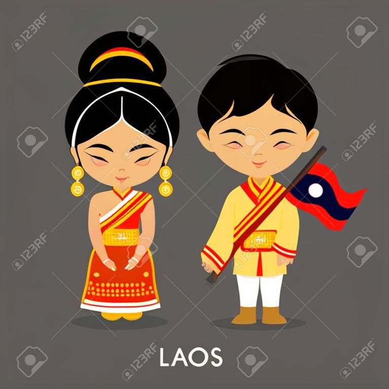 Laotiens en costume national avec un drapeau. Homme et femme en costume traditionnel. Voyage au Laos. Gens. Plate illustration vectorielle.