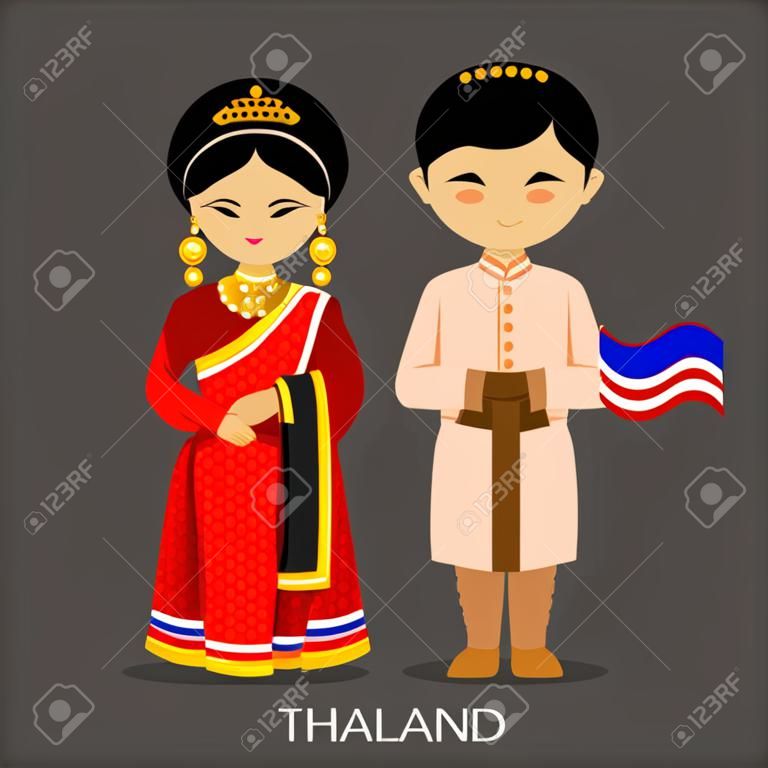 Thais in abito nazionale con una bandiera. Uomo e donna in costume tradizionale. Viaggia in Thailandia. Persone. Vector piatta illustrazione.