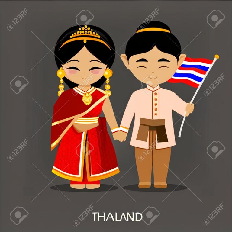 Thais in abito nazionale con una bandiera. Uomo e donna in costume tradizionale. Viaggia in Thailandia. Persone. Vector piatta illustrazione.