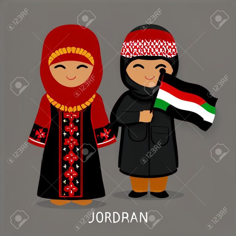 国旗を持つ国民服を着たヨルダン人。伝統的な衣装を着た男女。ヨルダンへの旅行。人々。ベクター フラットの図。