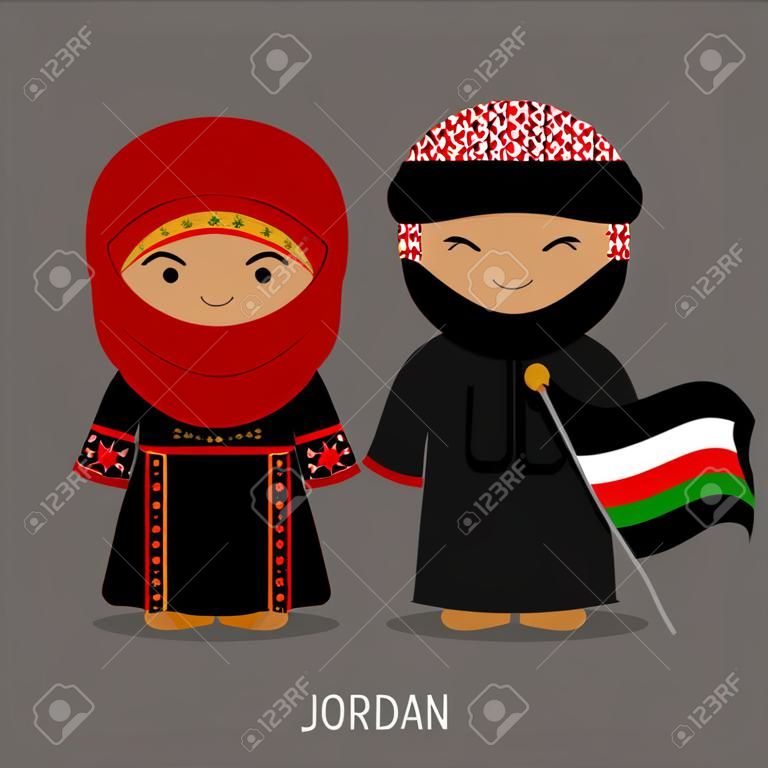 国旗を持つ国民服を着たヨルダン人。伝統的な衣装を着た男女。ヨルダンへの旅行。人々。ベクター フラットの図。