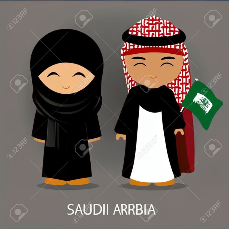 Reise nach Saudi-Arabien. Menschen in Nationaltracht mit einer Flagge. Mann und Frau in Tracht. Flache Vektorgrafik.