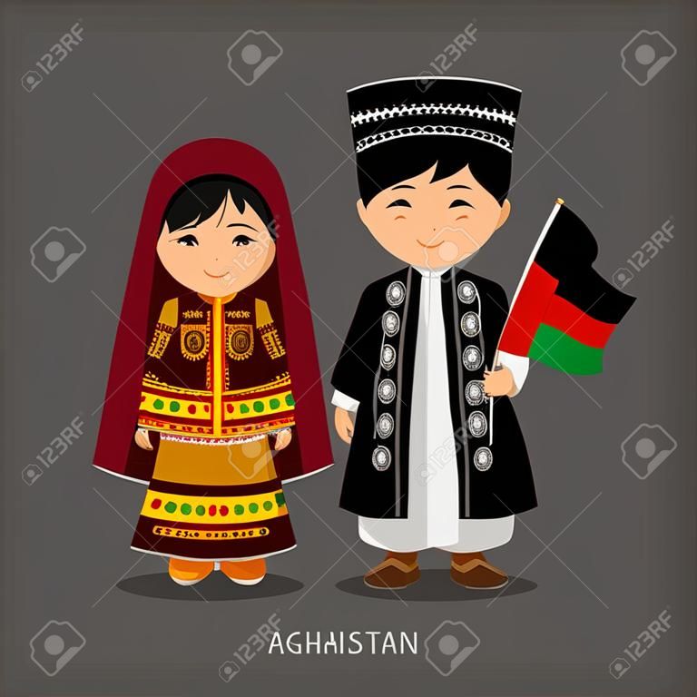 Afghans in national dress with a flag. Man and woman in traditional costume. Travel to Afghanistan. People. Vector flat illustration.