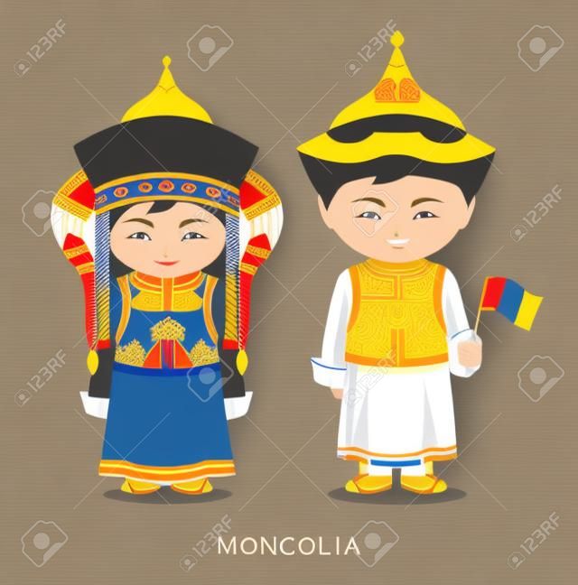 蒙古民族服飾與一面國旗。男人和女人穿著傳統服裝。前往蒙古。人們。矢量平面插畫。