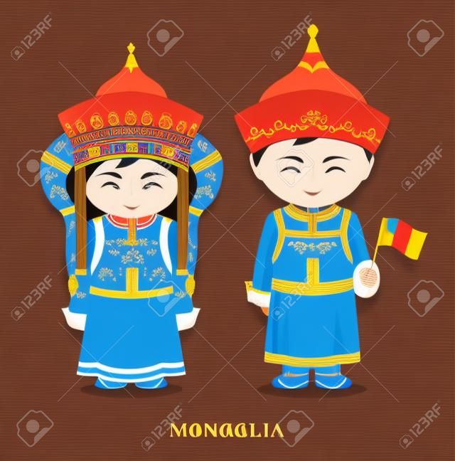 Mongolok nemzeti ruhában, zászlóval. Férfi és nő népviseletben. Utazás Mongóliába. Emberek. Vektor lapos illusztráció.