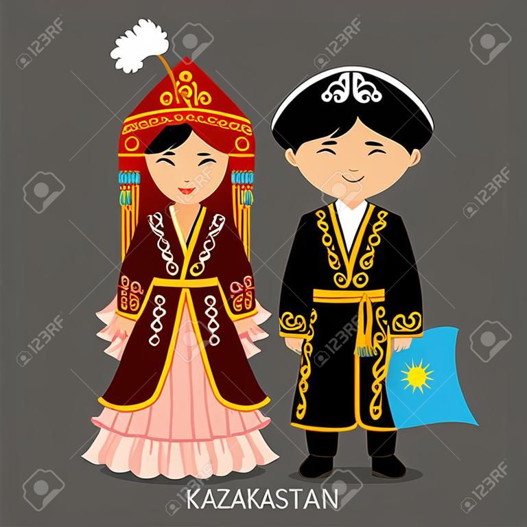 Kazakhs no vestido nacional com uma bandeira. Homem e mulher no traje tradicional. Viagem ao Cazaquistão. Pessoas. Ilustração plana do vetor.