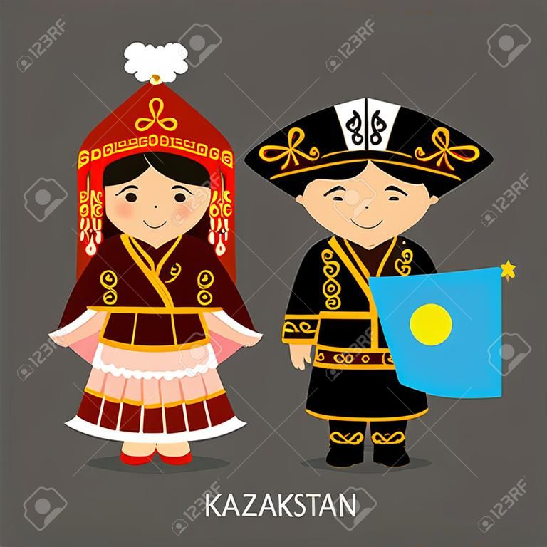 Ulusal elbiseli bir bayrakla kazaklar. Erkek ve kadın geleneksel kostüm. Kazakistan'a seyahat. İnsanlar. Vektör düz çizim