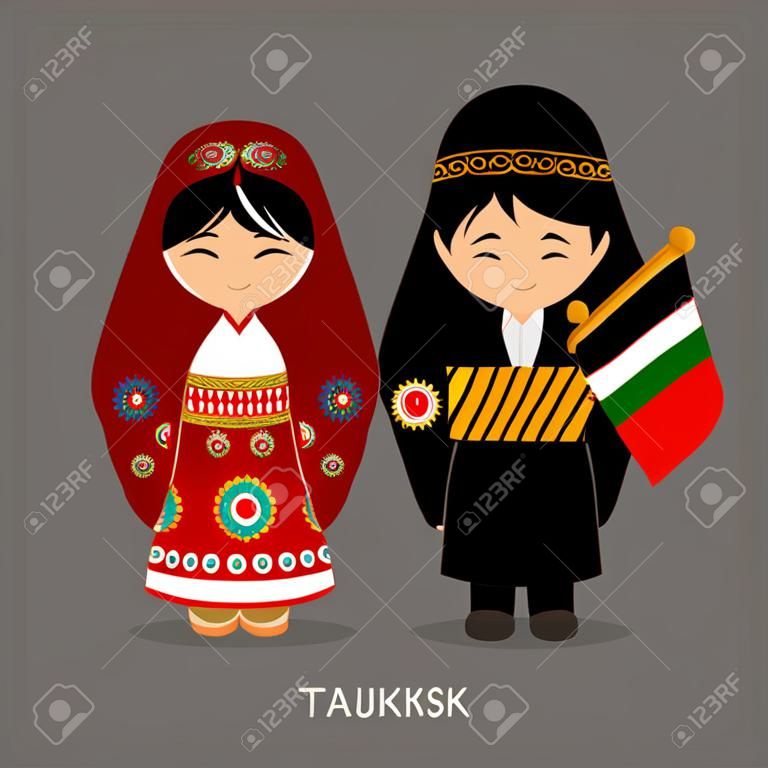 Tajik in abito nazionale con una bandiera. Uomo e donna in costume tradizionale. Viaggio in Tagikistan. Persone. Vector piatta illustrazione.