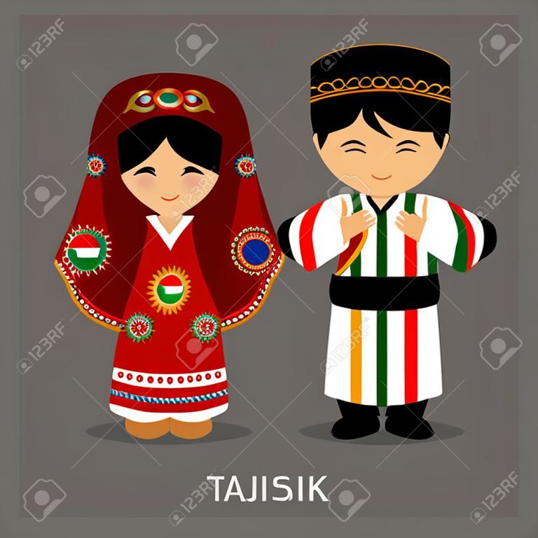Tajik in abito nazionale con una bandiera. Uomo e donna in costume tradizionale. Viaggio in Tagikistan. Persone. Vector piatta illustrazione.