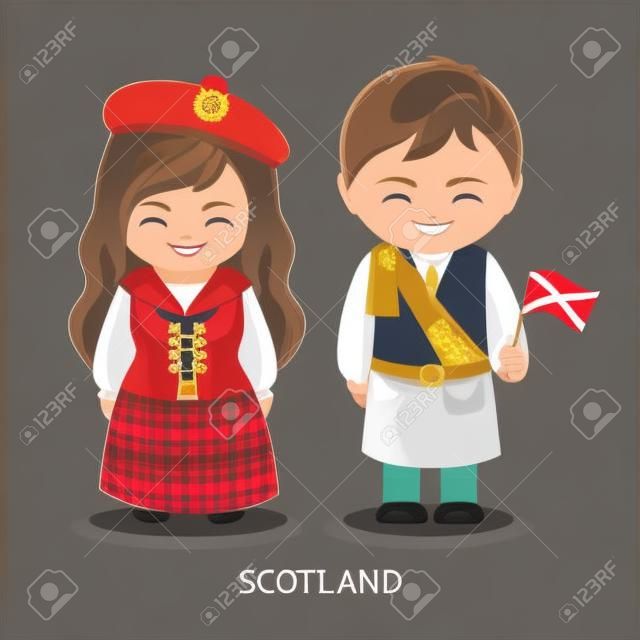 Scots in national dress with a flag. Man and woman in traditional costume. Travel to Scotland. People. Vector flat illustration.