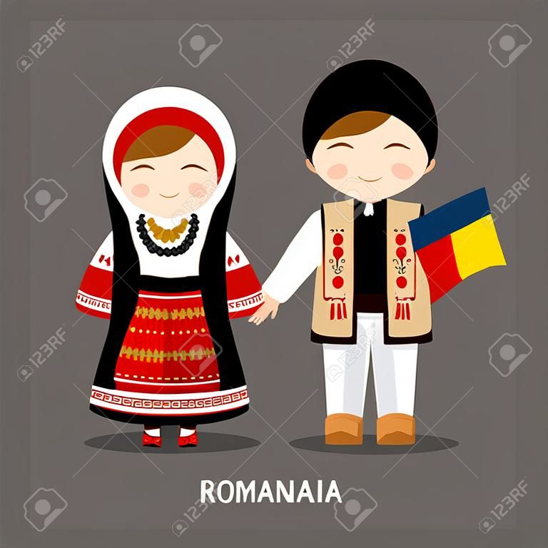 Romenos em vestido nacional com uma bandeira. Homem e mulher em traje tradicional. Viaje para a Romênia. Pessoas. Ilustração plana do vetor.