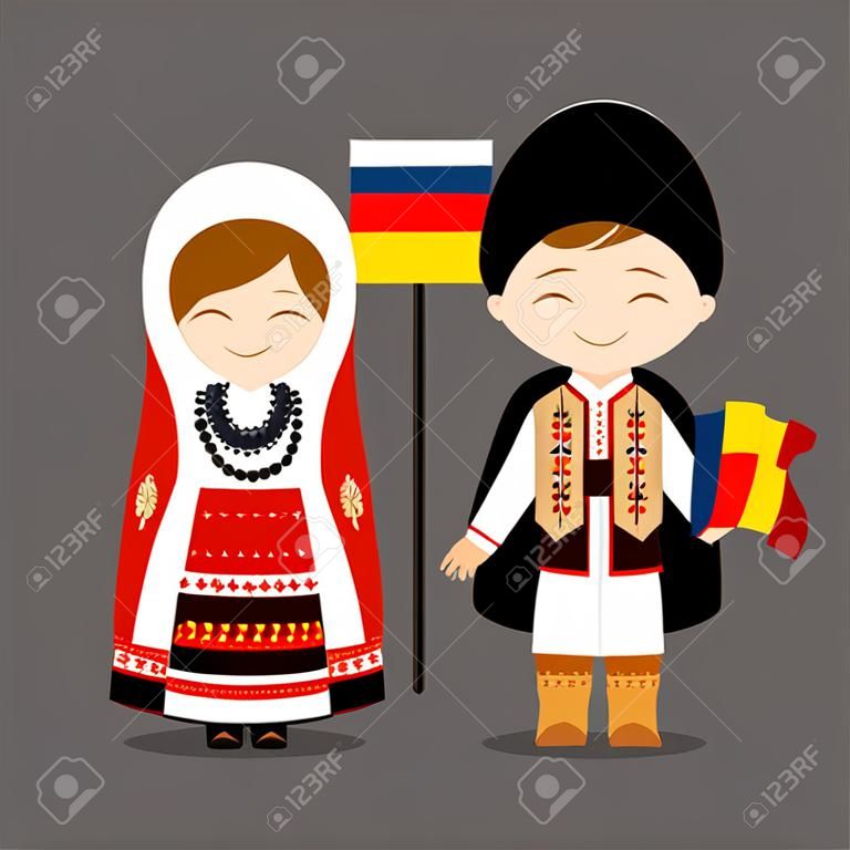 Rumänen in Nationaltracht mit einer Flagge. Mann und Frau in Tracht. Reise nach Rumänien. Menschen. Flache Vektorgrafik.