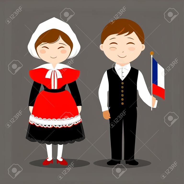 French in national dress with a flag. Man and woman in traditional costume. Travel to France. People. Vector flat illustration.