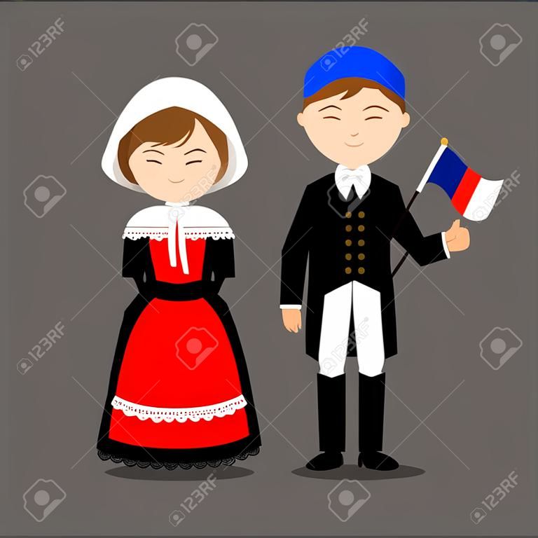 French in national dress with a flag. Man and woman in traditional costume. Travel to France. People. Vector flat illustration.