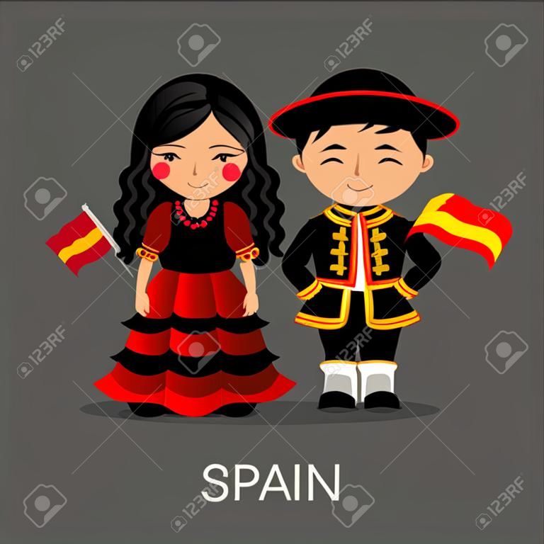 Spaniards in national dress with a flag. Man and woman in traditional costume. Travel to Spain. People vector flat illustration.