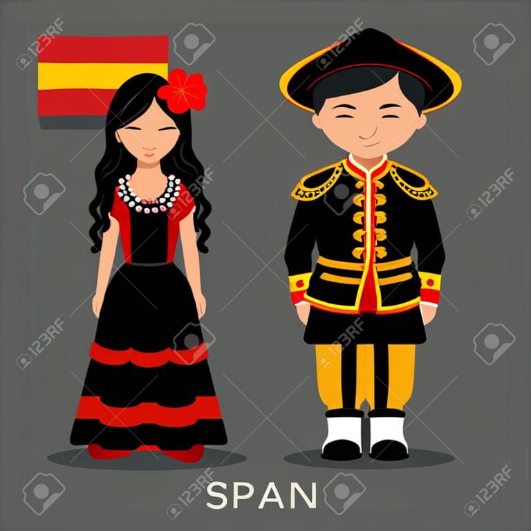국기와 함께 국가 복장에있는 스페인 사람. 남자와 여자 전통 의상. 스페인 여행. 사람들이 평면 그림을 벡터.