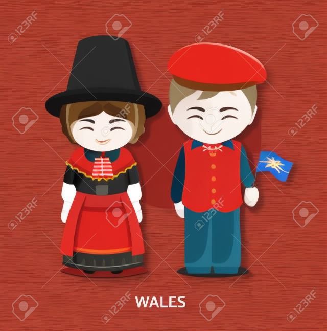 국기와 함께 국가 드레스 웨일스 어입니다. 남자와 여자 전통 의상. 웨일즈 여행. 사람들이 평면 그림을 벡터.