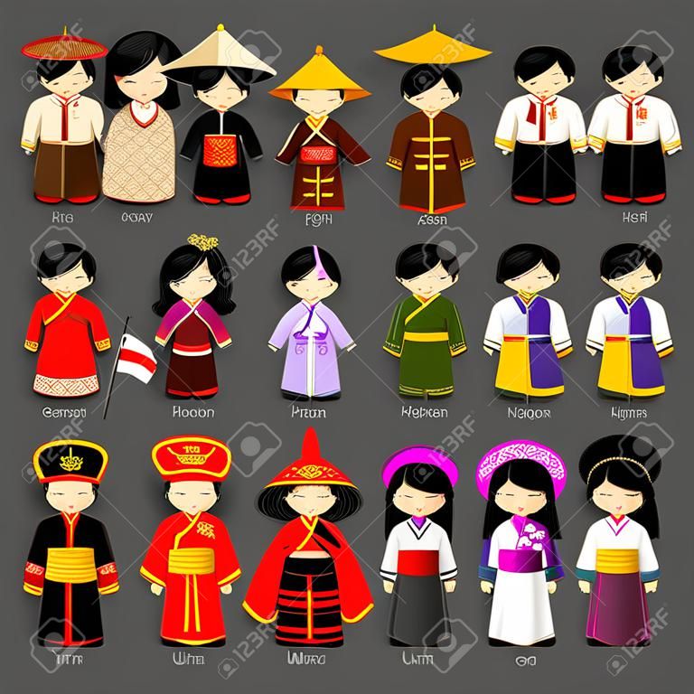 Conjunto de pares asiáticos vestidos com diferentes trajes nacionais.