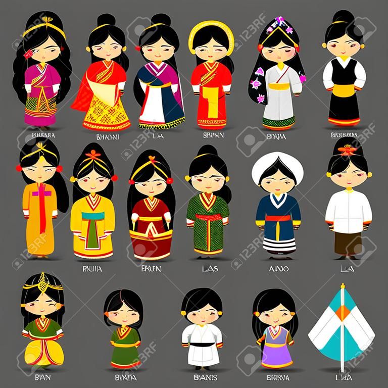 国民的なドレスを着た人々。ビルマ(ミャンマー)、ブルネイ、ブータン、バングラデシュ、インド、ネパール、タイ、マレーシア、ラオス。伝統的な衣装を着たアジアのペアのセット。国服。ベクターの図。
